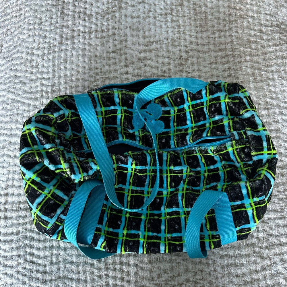 TNA Kids Small Black Blue & Green Plaid Fleece Duffle Bag